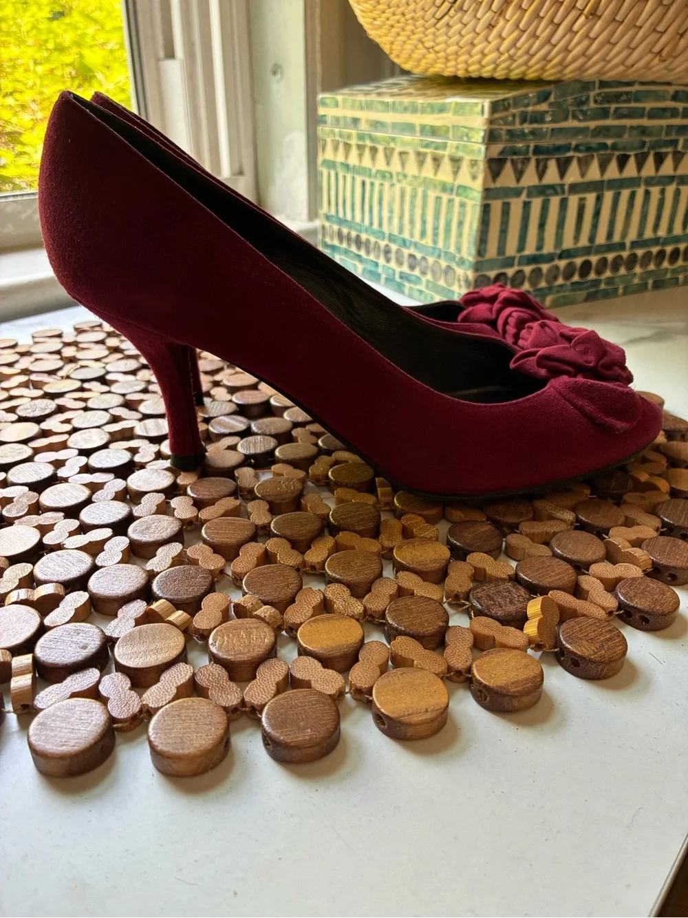 Stuart Weitzman Women's Burgundy Suede Peep-Toe Pumps with Rosette
